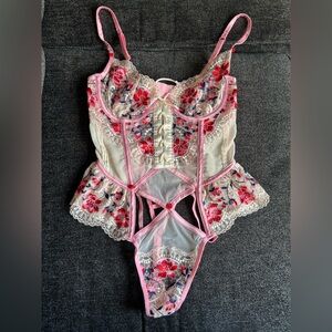 Floral Embroidered Lace Bodysuit - Pink and White